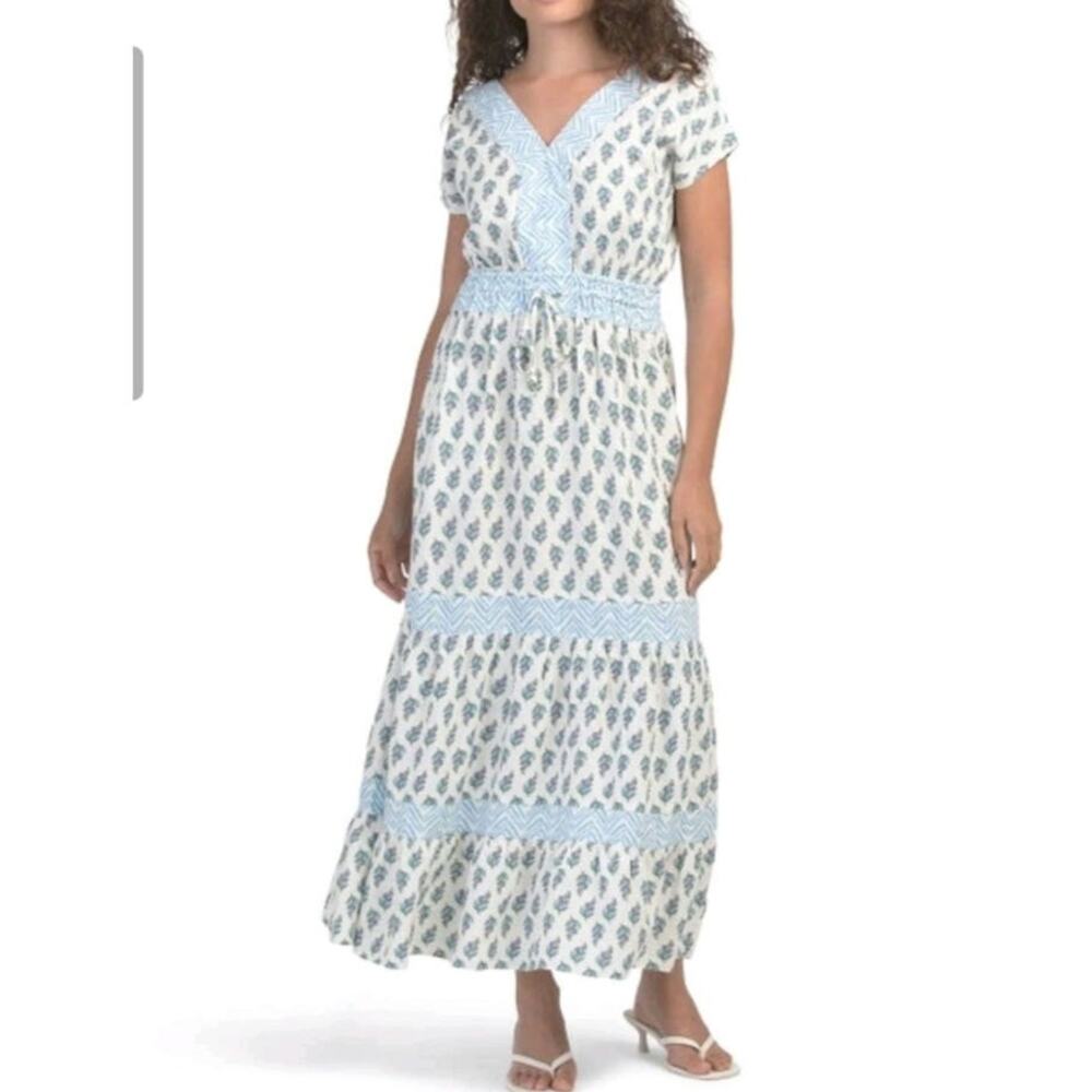 Rachel Zoe linen maxi dress kaftan blue white XL coastal cowgirl whimsy Cottage